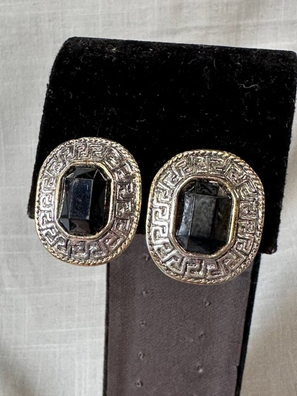 Vintage Silver Tone Greek Key Black Resin Clip On Earrings